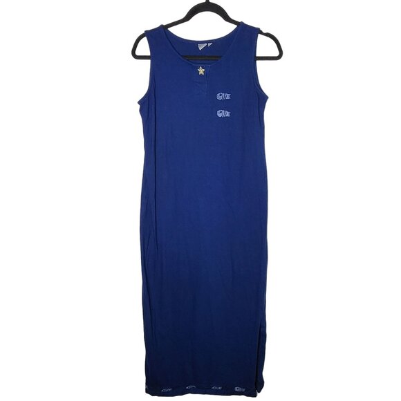 Blue Fish Painted Maxi Dress Size Small Lagenlook Linen Beach Art to Wear Summer - Picture 2 of 11